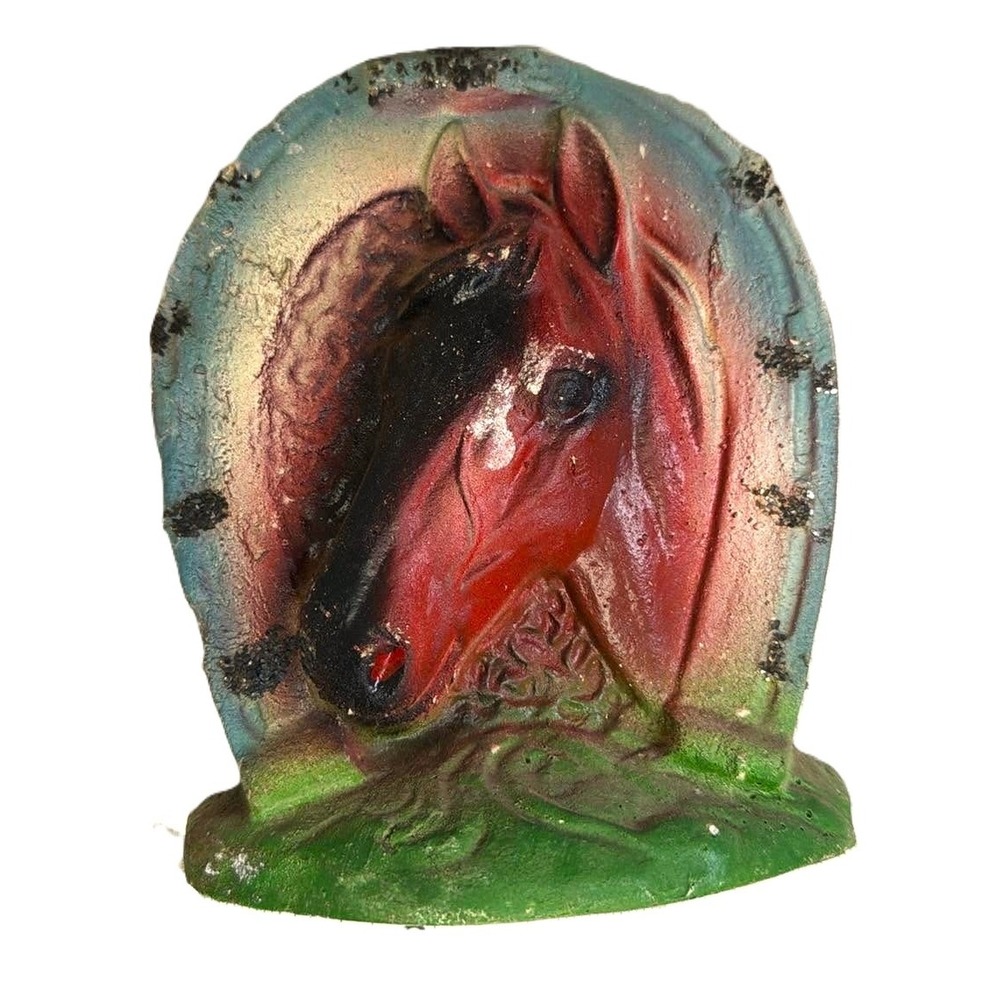 Vintage Lucky Horseshoe Horse Head Chalkware Decor Multi Color Western MCM Retro